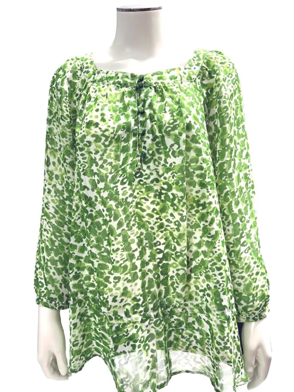 Apt 9 XL Green White Animal Print Sheer Tunic Blouse Resortcore Boho Flowy Style - Picture 2 of 12